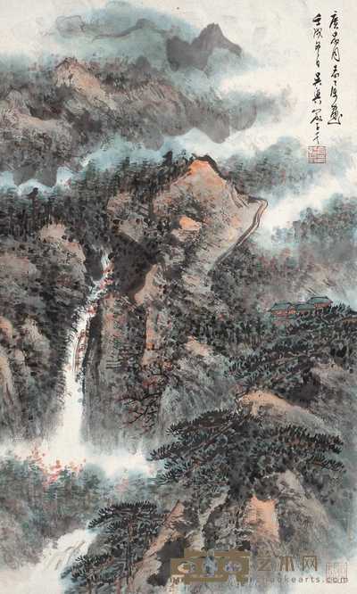 俞子才 壬戌（1982年）作 深山松云图 轴 68×40cm